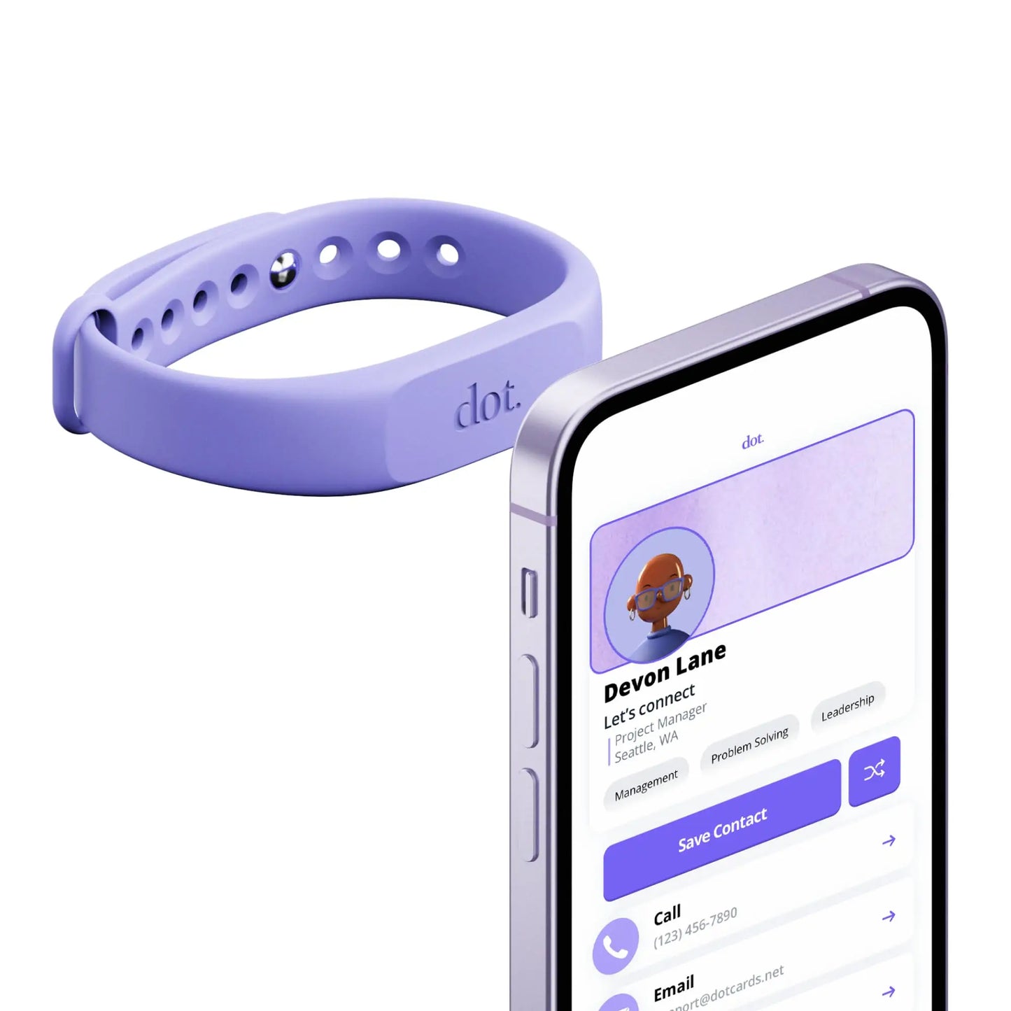 A lavender silicone dot band fitness tracker with minimalist design and dot logo engraved perfect for digital business cards