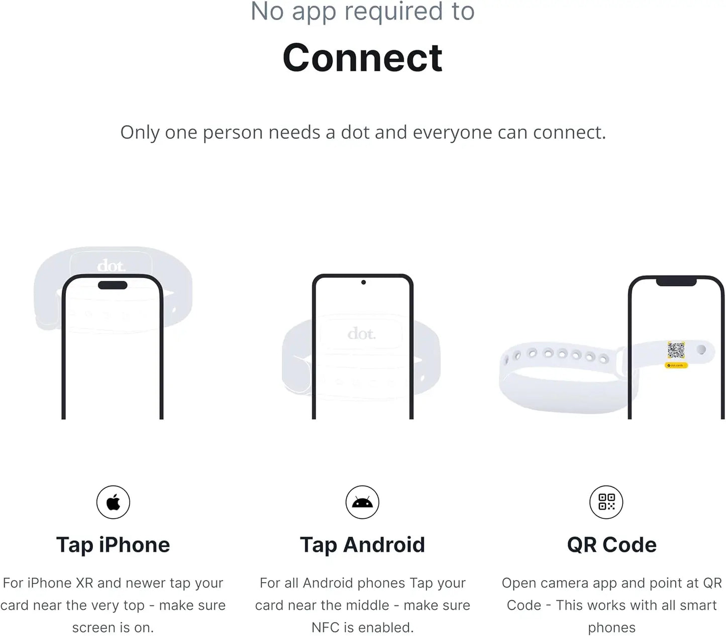White silicone dot band wristband with qr code digital business card tap compatible with iphone and android