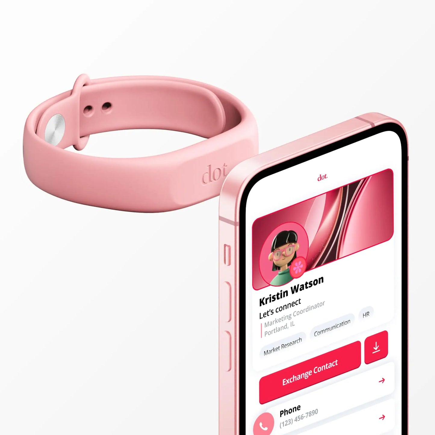 Pink silicone dot fitness tracker band digital business card wristband tap compatible with iphone and android