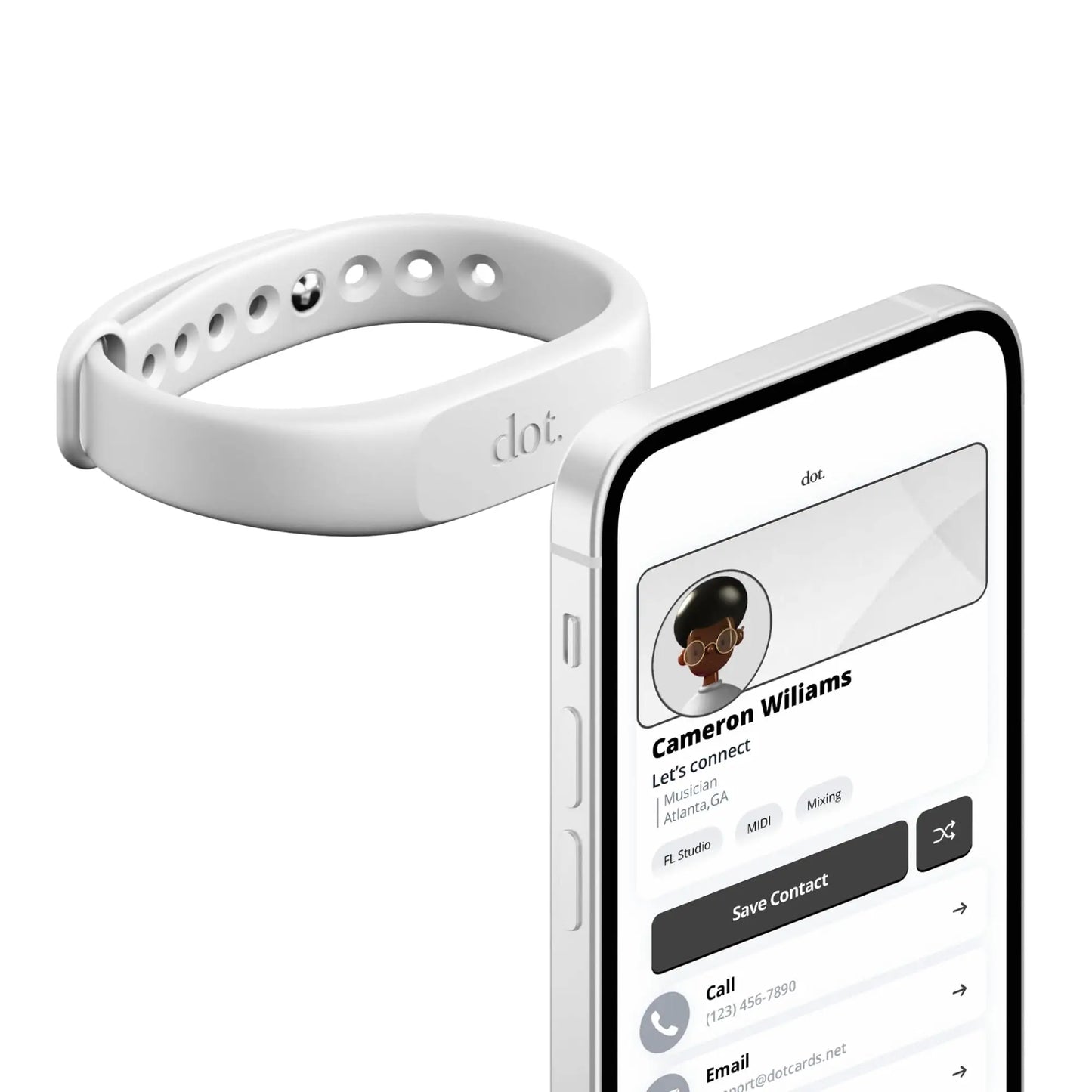 White silicone dot band fitness tracker with digital business card tap feature and circular sensor for iphone and android