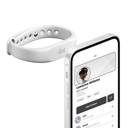 White silicone dot band fitness tracker with digital business card tap feature and circular sensor for iphone and android
