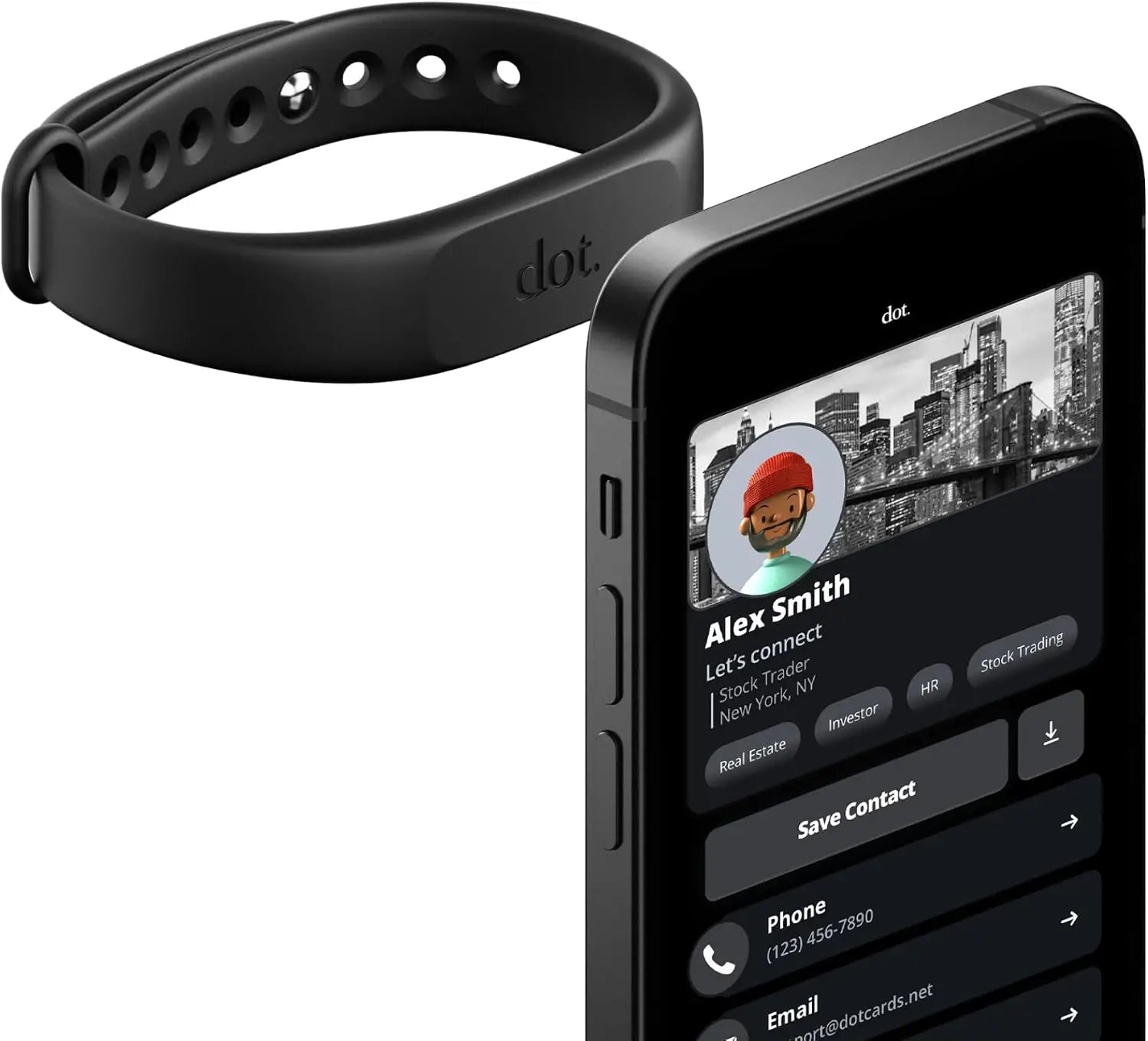 Black silicone dot digital business card wristband shown on smartphone for tap compatible digital business use