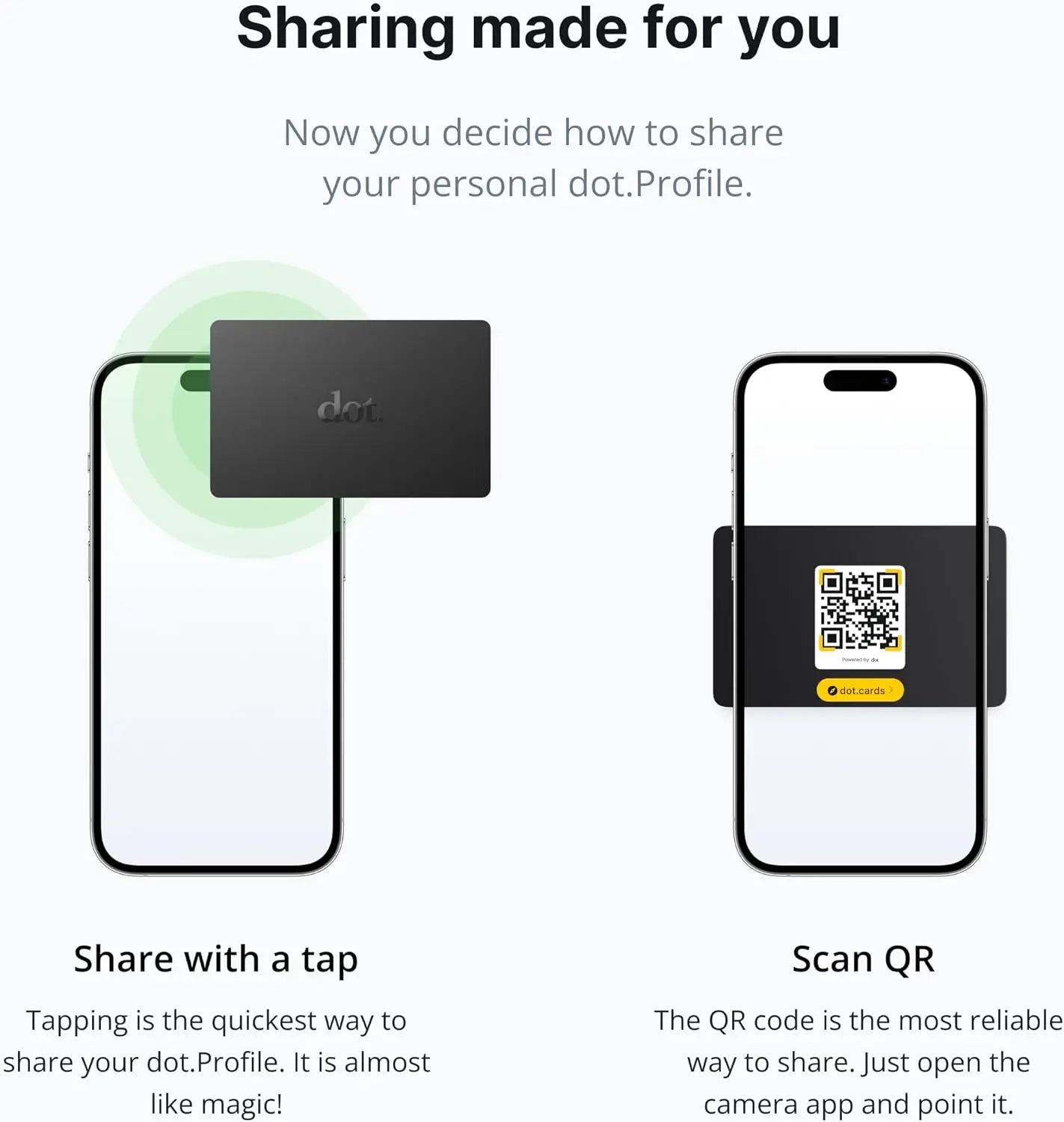 Black rectangular digital business card with dot logo centered tap compatible with iphone and android in green