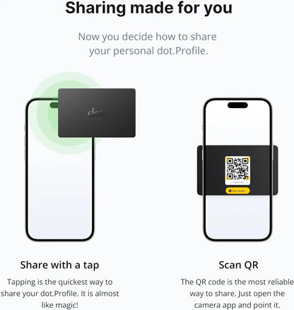 Black rectangular digital business card with dot logo centered tap compatible with iphone and android in green