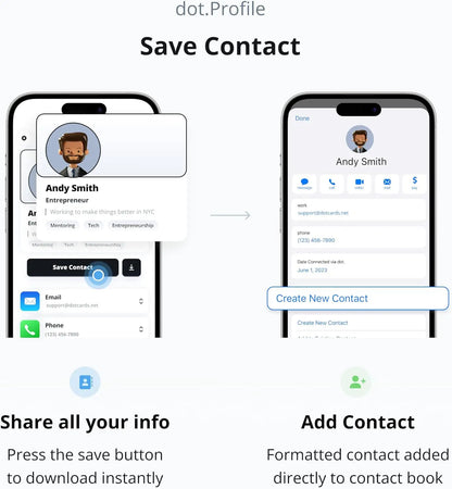 The dot card green digital business card shows the save contact feature on smartphone for easy digital business use