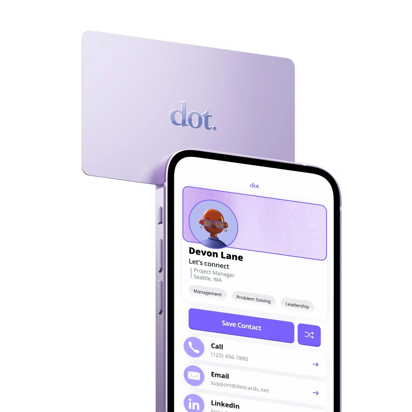A sleek lavender plastic digital business card with the dot logo embossed tap compatible with iphone and android