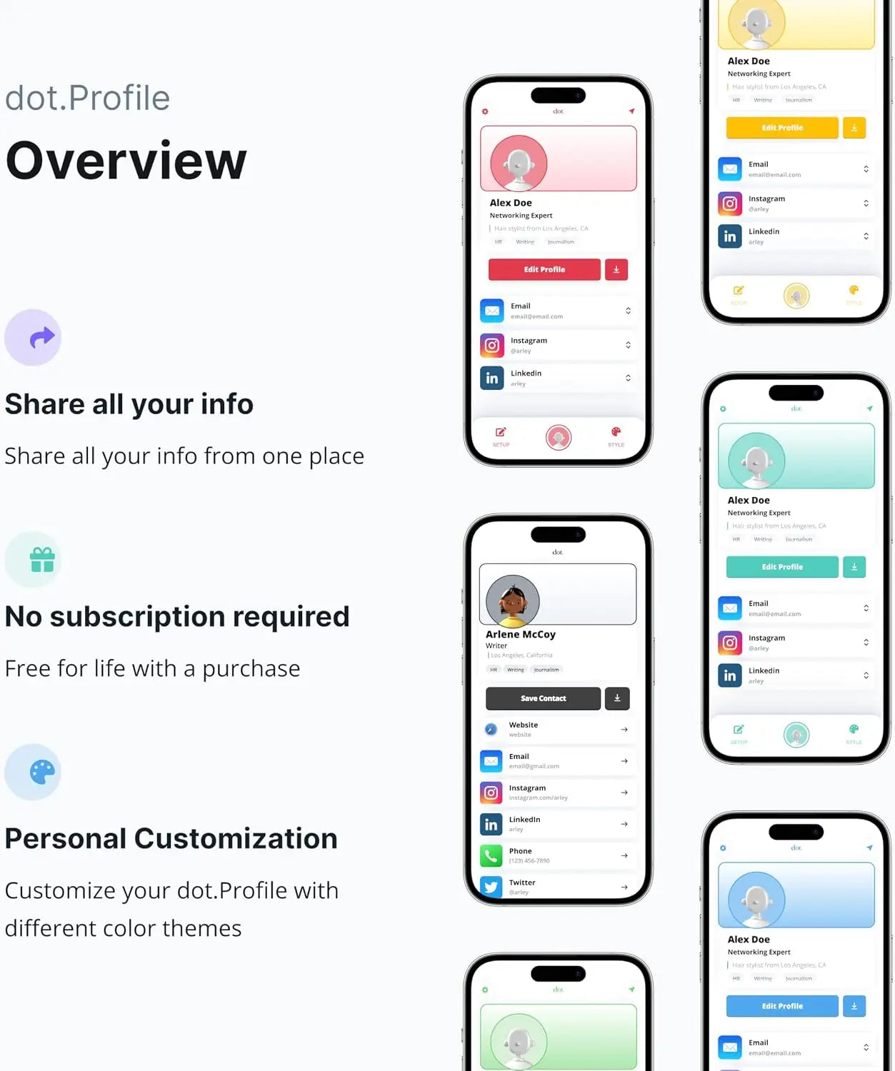 The dot card digital business card app on a green minimalist smartphone interface with social media integration