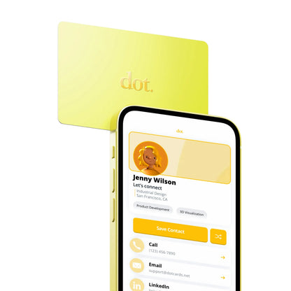 A sleek pale yellow plastic dot digital business card with embossed logo tap compatible with iphone and android