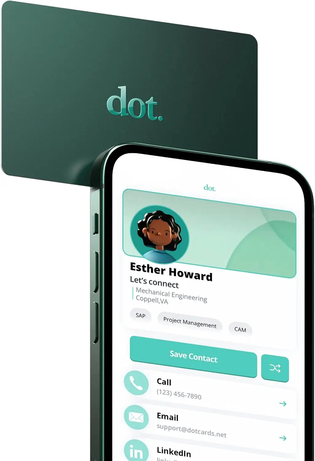 Dark green dot digital business card tap compatible with iphone and android for easy digital business use