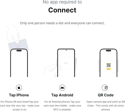 A sleek white digital business card with rounded edges and a subtle dot logo for tap compatible business use