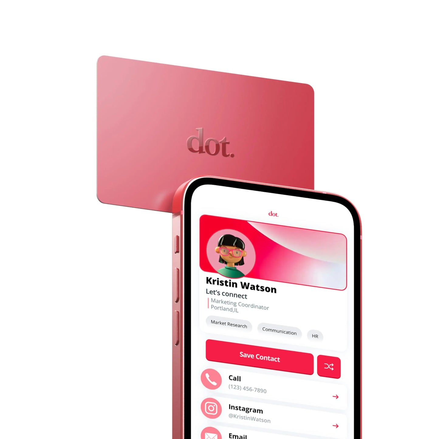 A sleek matte pink digital business card with embossed dot logo tap compatible with iphone and android