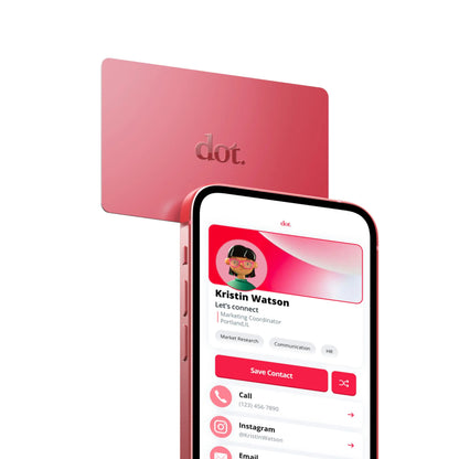 A sleek matte pink digital business card with embossed dot logo tap compatible with iphone and android
