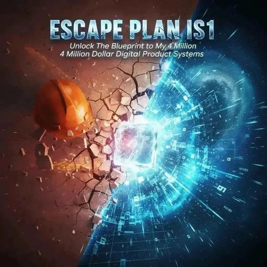 Escape Plan IS1 Software graphic featuring a construction hat and glowing digital portal for online business strategies.
