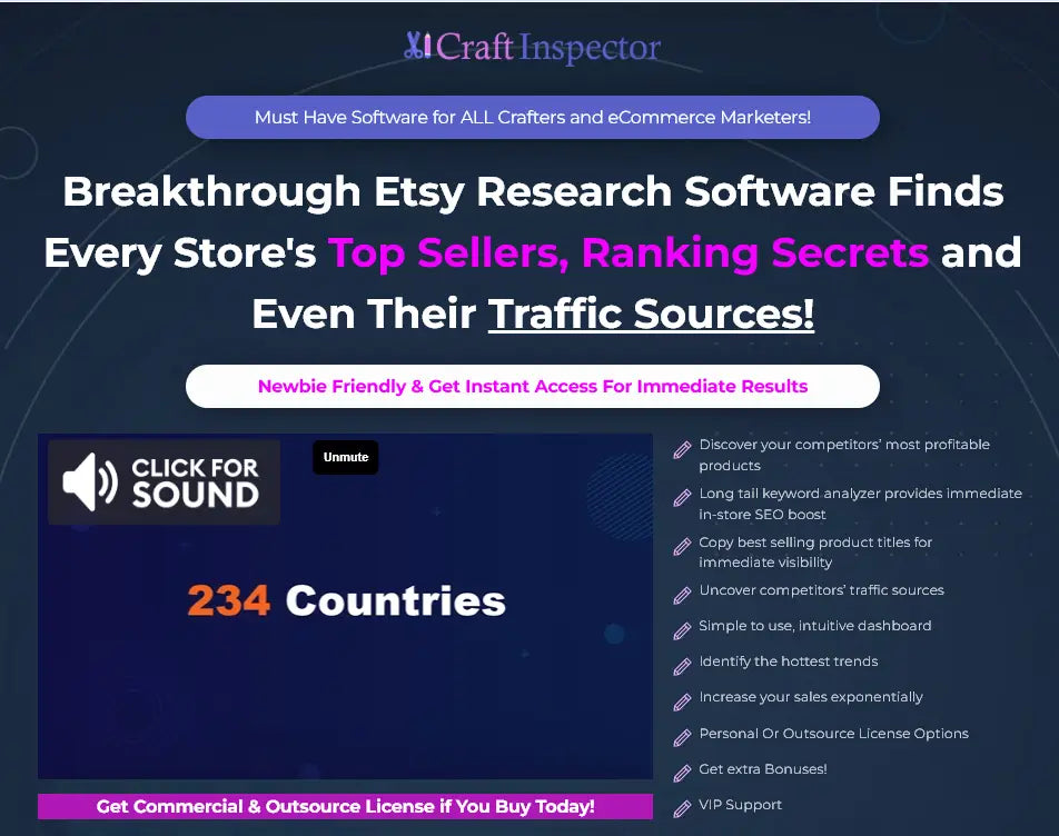 Craftinspector software interface with etsy market intelligence stack for sellers featuring etsy research tools on dark blue background