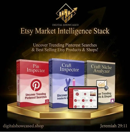 Three digital product boxes from the etsy market intelligence stack sit on a gold platform with a tablet showing pinterest results