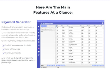 Etsy market intelligence stack keyword generator software with a blue-themed window showing trending Etsy search data tables