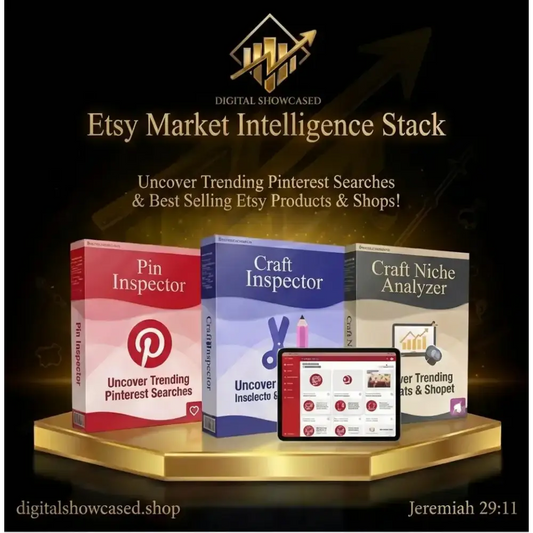 Etsy market intelligence stack with red blue beige boxed tools on golden pedestal