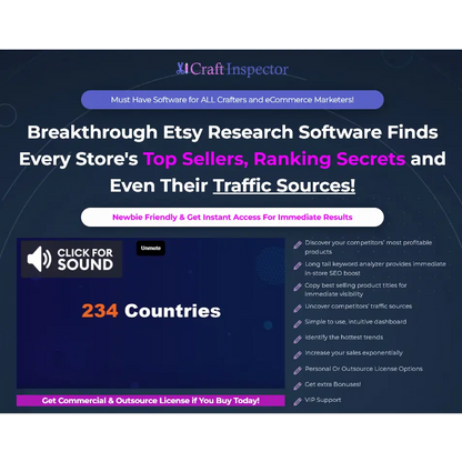Craftinspector software interface with etsy market intelligence stack for sellers featuring etsy research tools on dark blue background