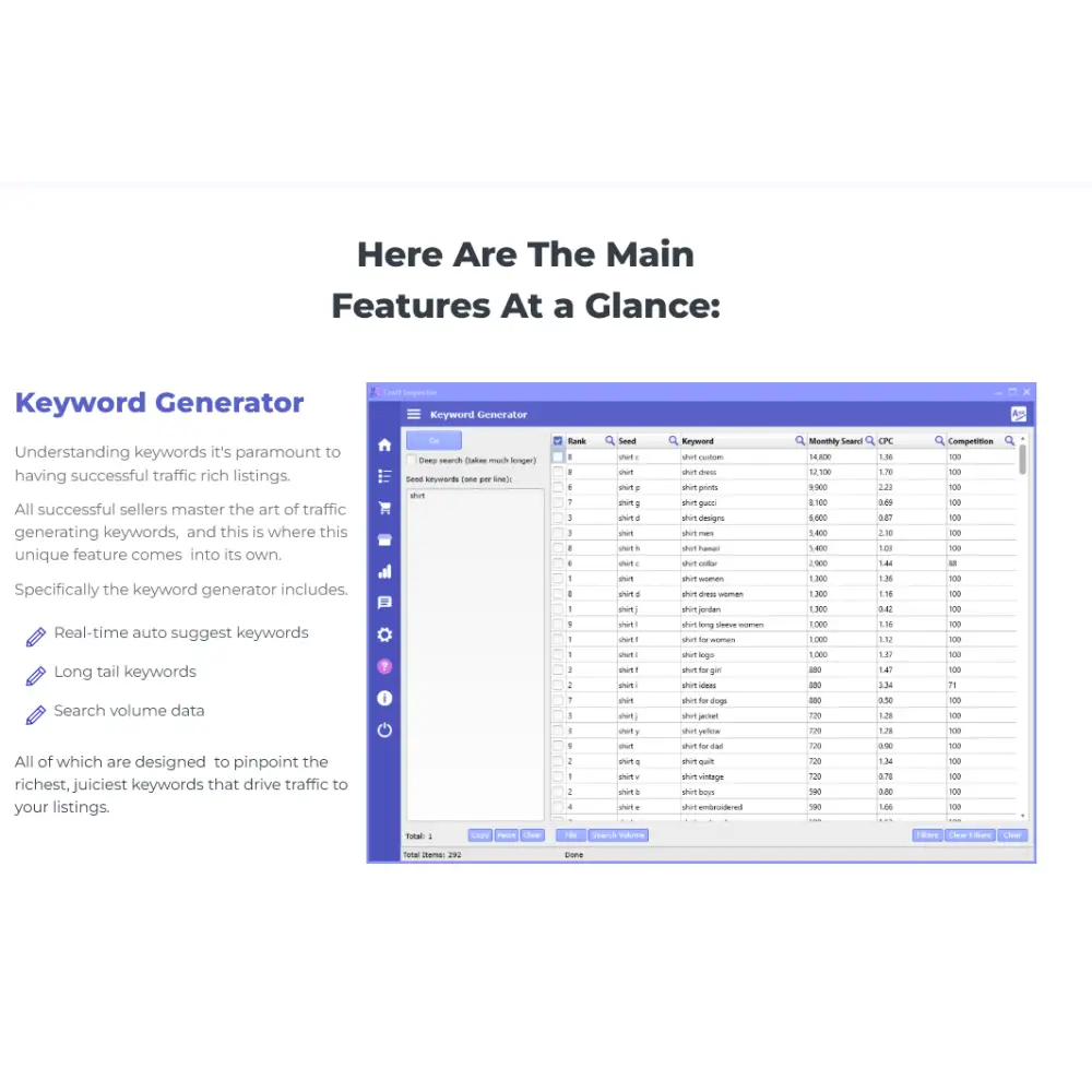 Etsy market intelligence stack keyword generator software with a blue-themed window showing trending Etsy search data tables