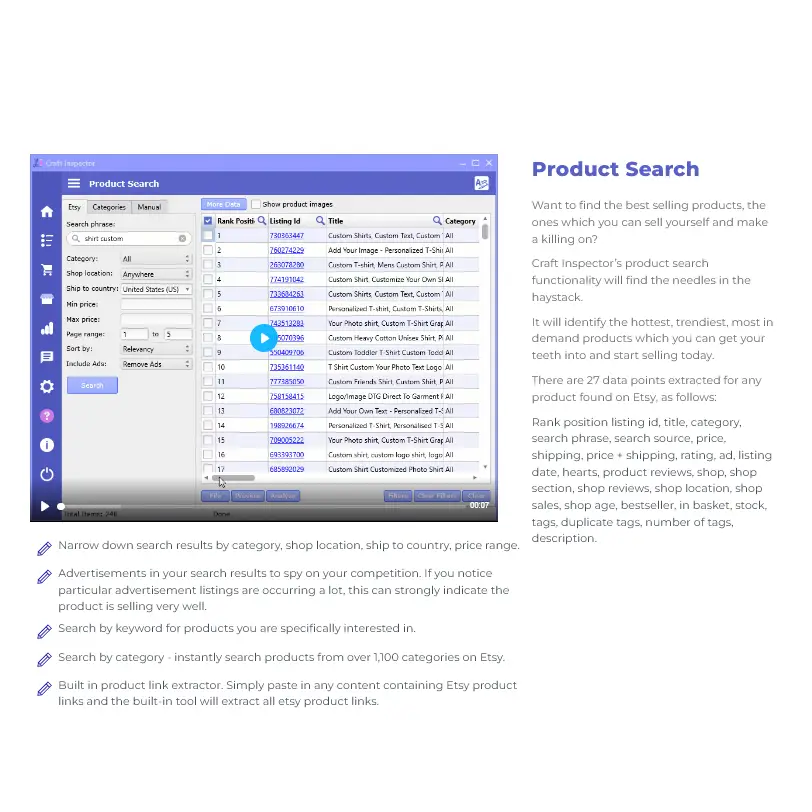 Screenshot of craft inspector etsy research software showing customizable t-shirt listings to uncover top-performing products