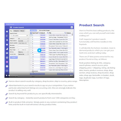 Screenshot of craft inspector etsy research software showing customizable t-shirt listings to uncover top-performing products