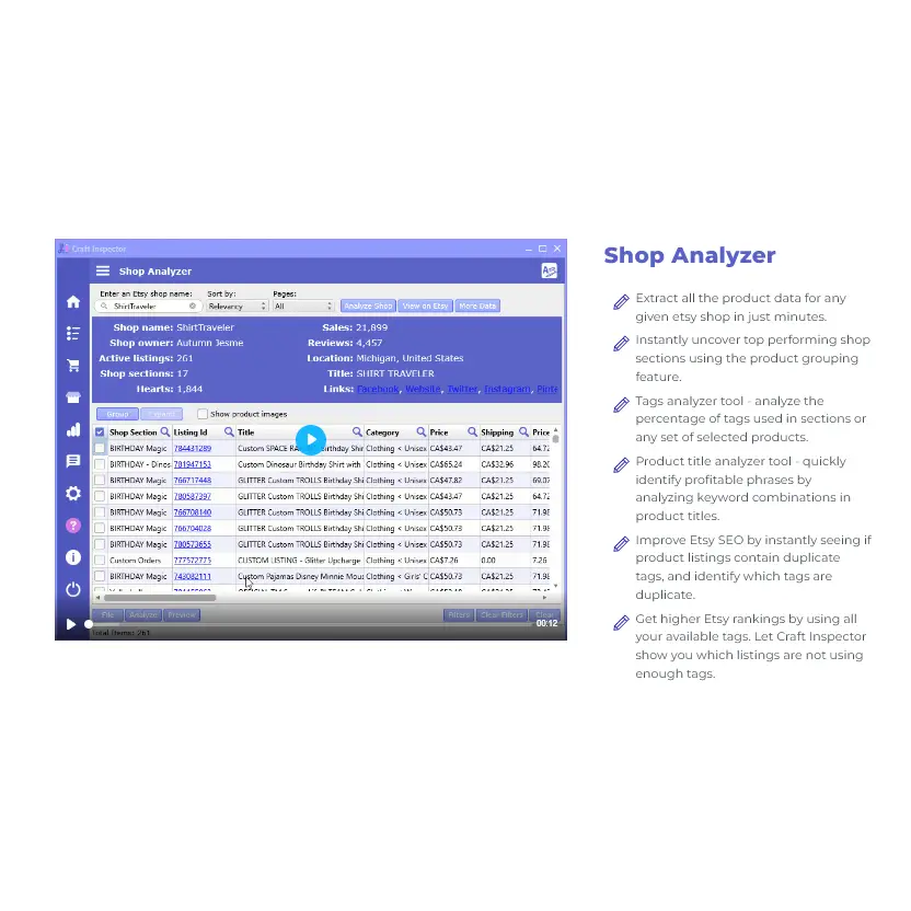 Etsy product research tool with blue and white design to uncover top-performing products using craft inspector analytics