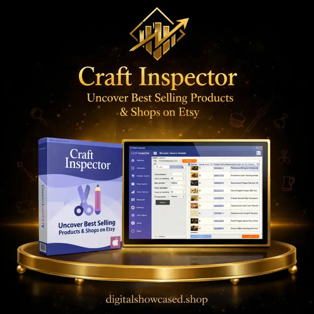 Craft Inspector Etsy research software box and digital dashboard displaying top-selling products on a gold podium.