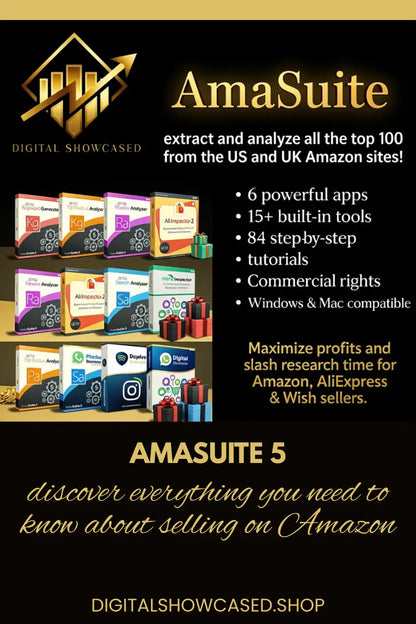 Amasuite 5 ecommerce intelligence suite with six colorful apps for amazon sellers to discover profitable products using data-driven insights