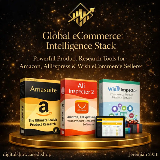 The global ecommerce system with amasuite black yellow, ali inspector red orange, and wish inspector blue white helps discover profitable products and data-driven insights