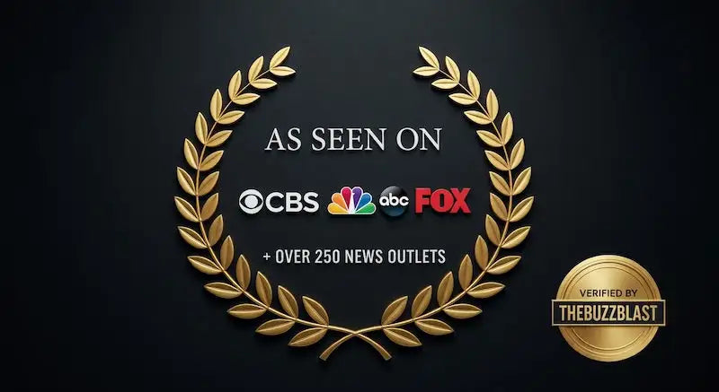 Golden laurel wreath emblem featuring the text ’as seen on’ above logos for cbs, nbc, abc, and fox.