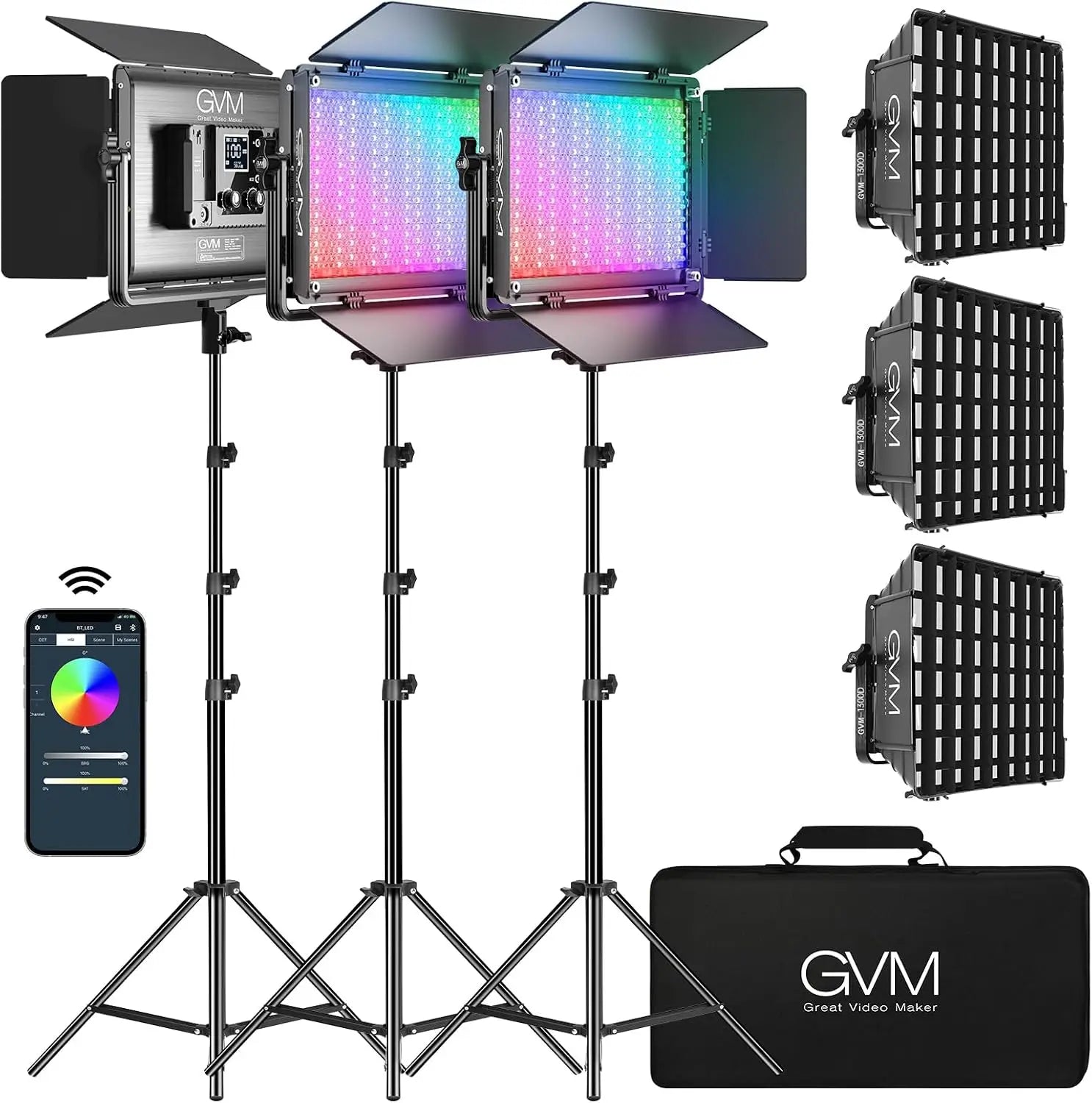 Gvm great video led video lighting kit with 3 rgb panels on tripods and grid diffusers for streaming and studio use
