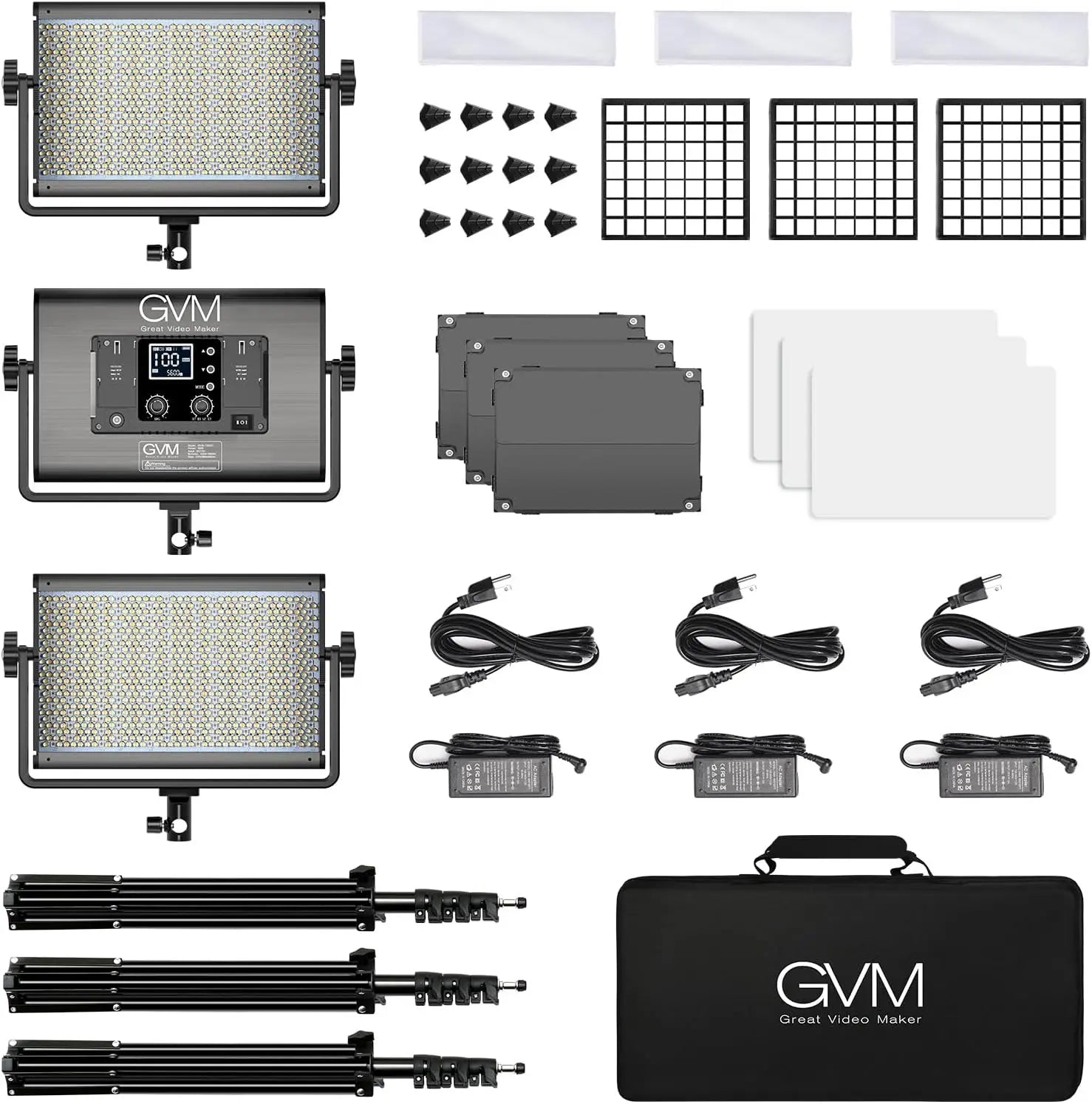 Black gvm great video led panel light with grid and diffuser for studio rgb lighting and streaming use