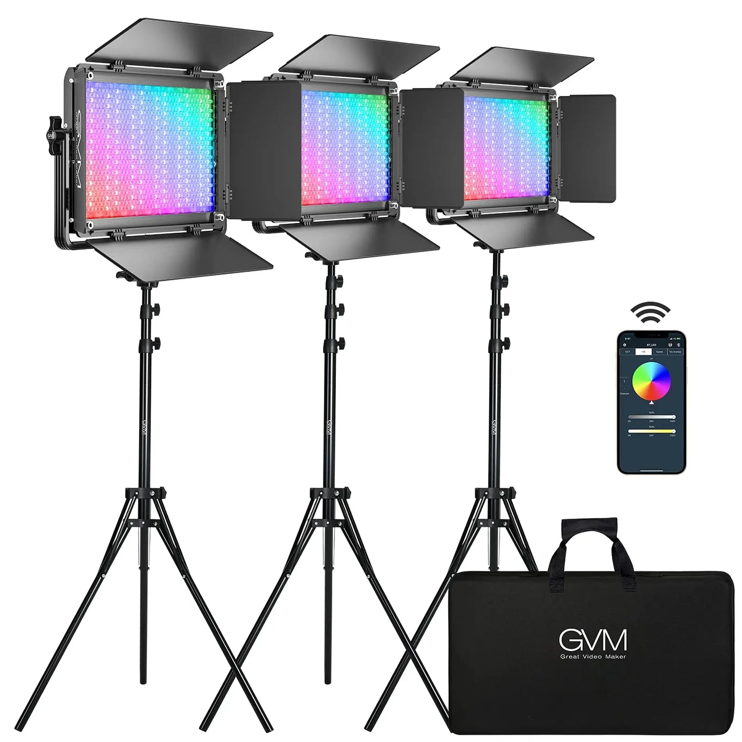 Three black gvm great video led rgb video lights with adjustable color panels and tripod stands for streaming and studio use