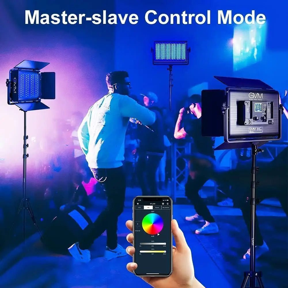 Black gvm great video led panel light with adjustable brightness and color temperature mounted on tripod for studio use