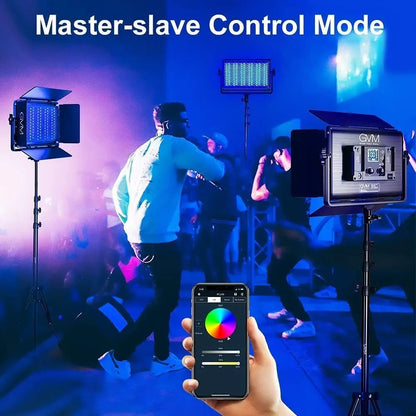 Black gvm great video led panel light with adjustable brightness and color temperature mounted on tripod for studio use