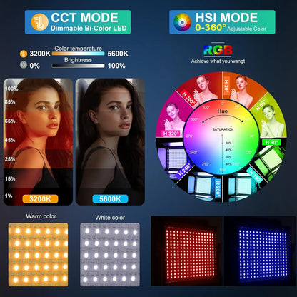 A gvm great dimmable bi-color led panel light with rgb and adjustable temperature for versatile video lighting