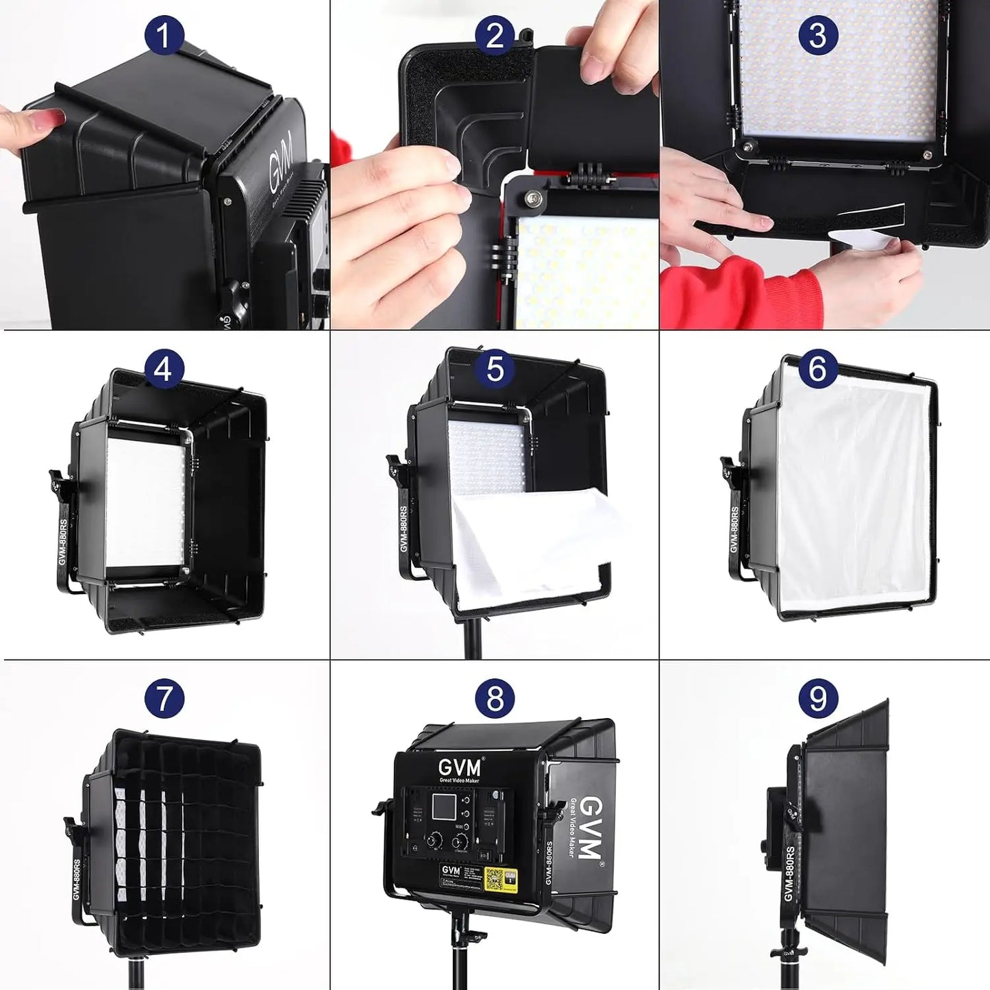 Black gvm 800w led video light with adjustable diffuser panels and control panel for gvm great video makers