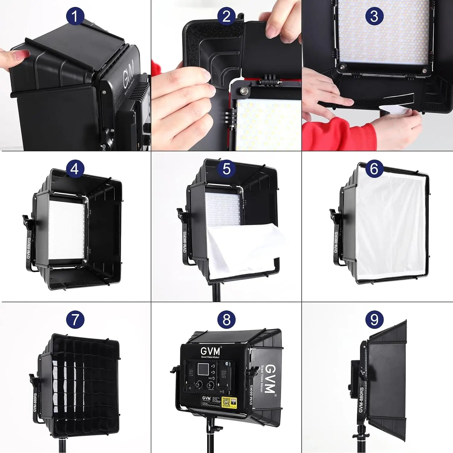 Black gvm 800w led video light with adjustable diffuser panels and control panel for gvm great video makers