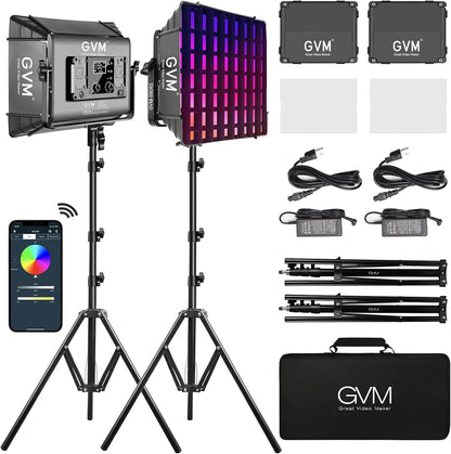 Black gvm rgb led video lighting kit with adjustable color gradients and bluetooth app control for great video maker