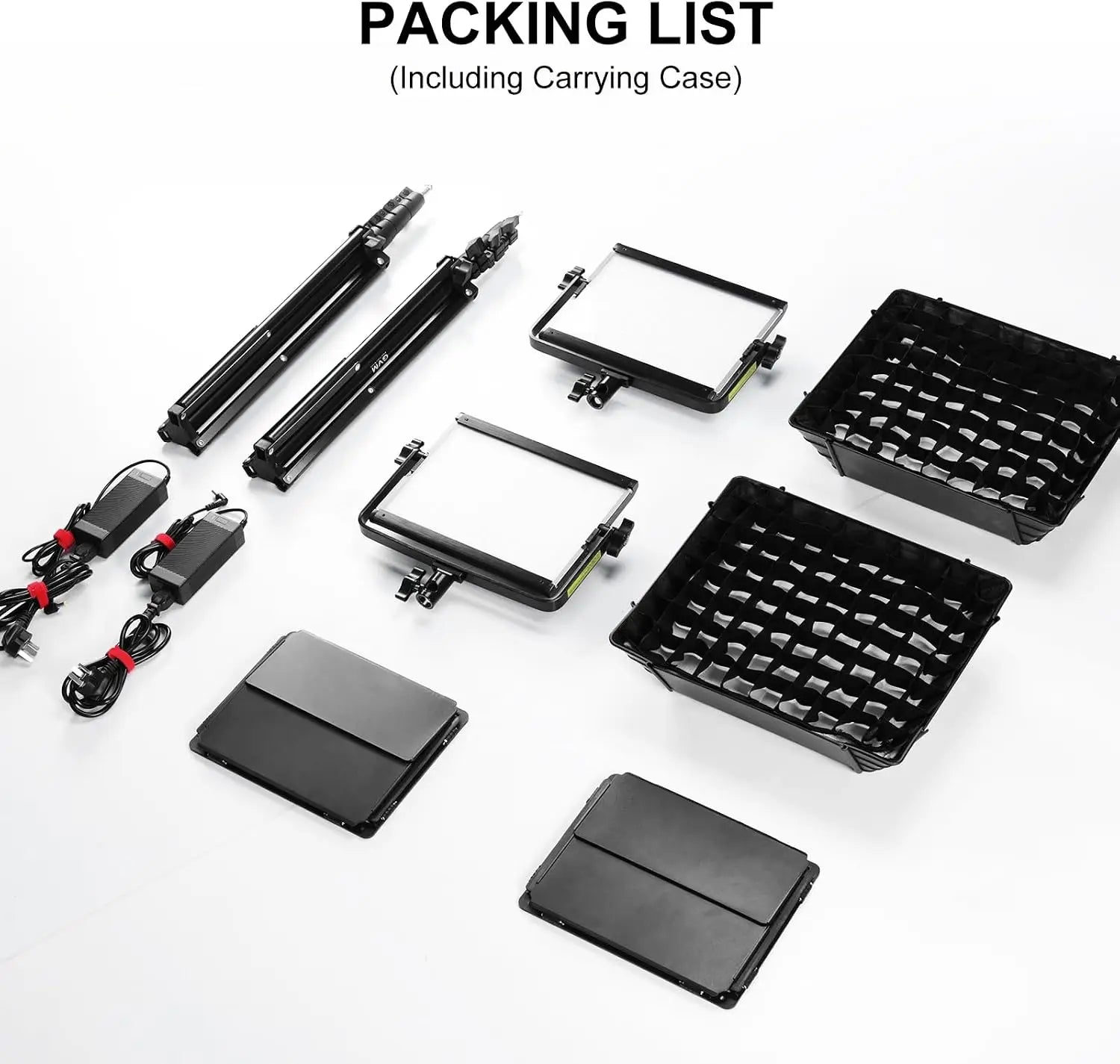 Black gvm rgb led panel lights with adjustable stands and grid diffusers perfect for great video maker setups
