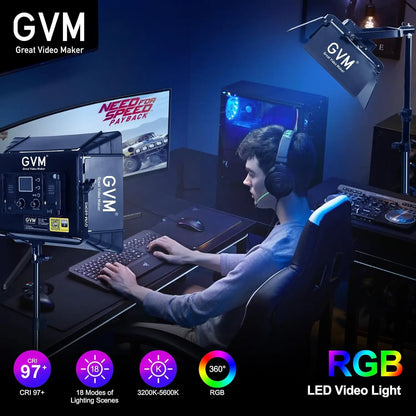 Black gvm rgb led video light with 18 lighting scenes and bluetooth control perfect for great video makers