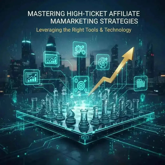 Glowing digital chessboard with marketing icons and a rising arrow, representing high-ticket affiliate marketing strategy.