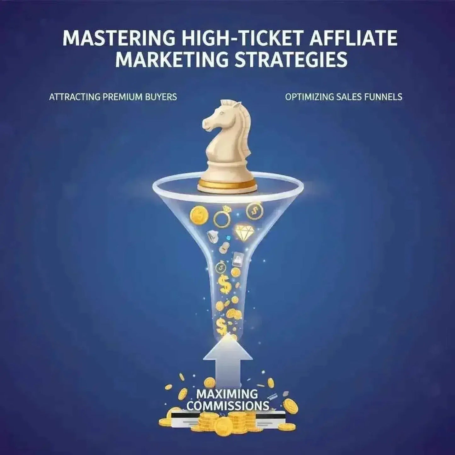 Chess knight atop a sales funnel with gold coins, illustrating High-Ticket Affiliate Marketing Stack strategies.