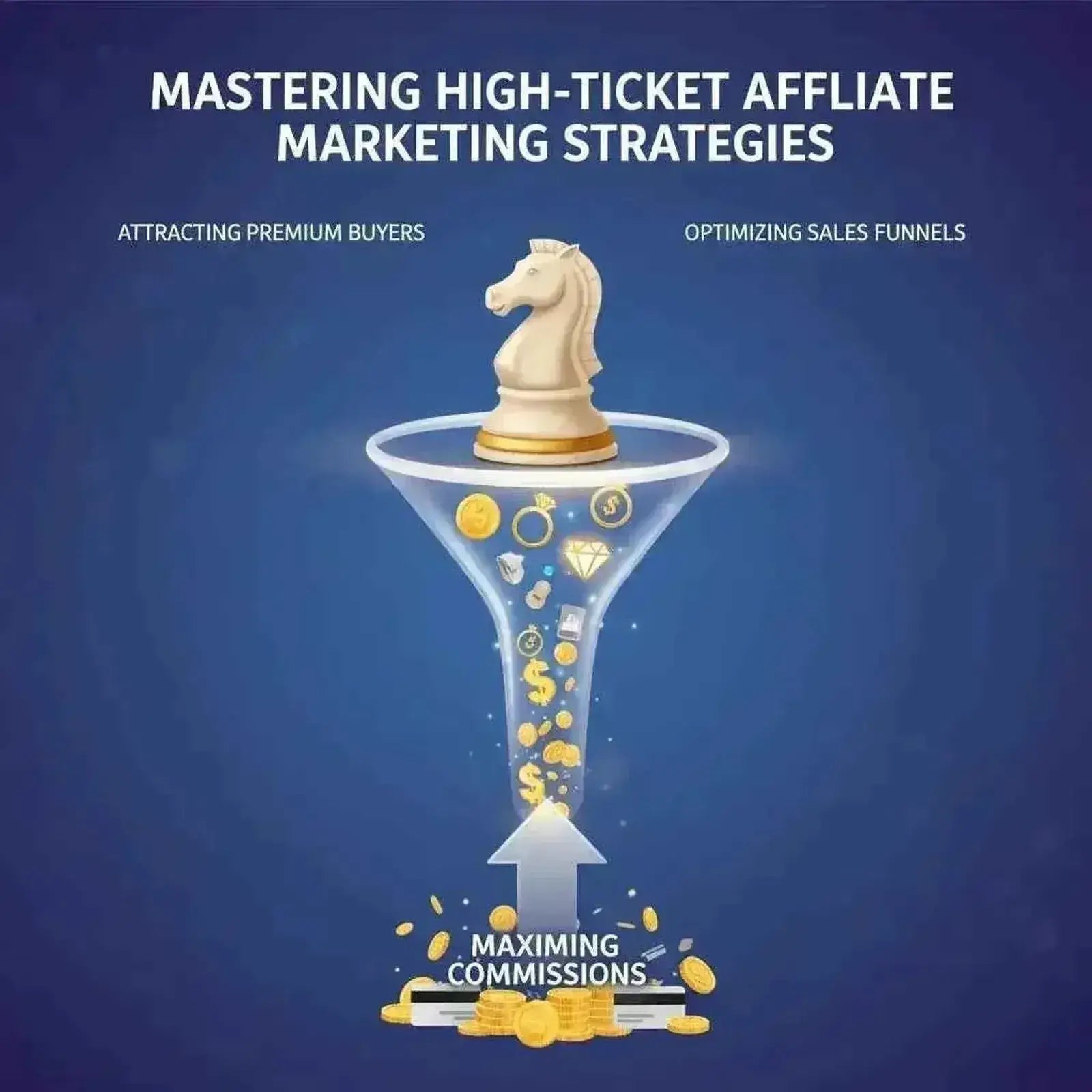 Chess knight atop a sales funnel with gold coins, illustrating High-Ticket Affiliate Marketing Stack strategies.