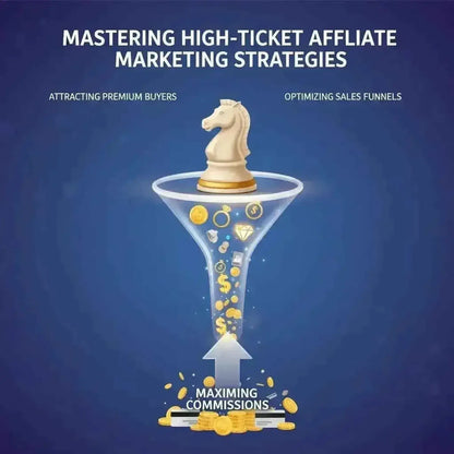 Chess knight atop a sales funnel with gold coins, illustrating High-Ticket Affiliate Marketing Stack strategies.