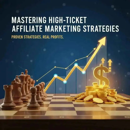 Chessboard with gold coins and a rising profit arrow for the Mastering High-Ticket Affiliate Marketing stack.