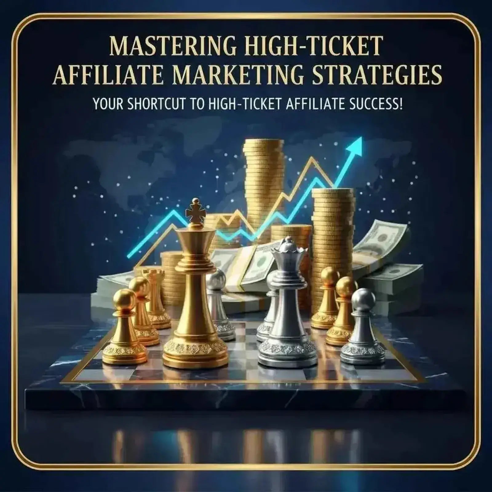 Gold and silver chess pieces on a board with money stacks and a rising graph for high-ticket affiliate marketing.