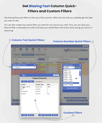 Software interface of keyword atlas showing column quick filters and custom filter options to uncover keyword opportunities