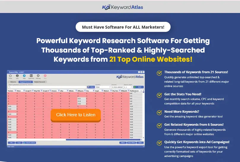 Keyword atlas interface with pink white grid and orange listen button on blue background to uncover high-value keywords