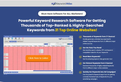 Keyword atlas interface with pink white grid and orange listen button on blue background to uncover high-value keywords